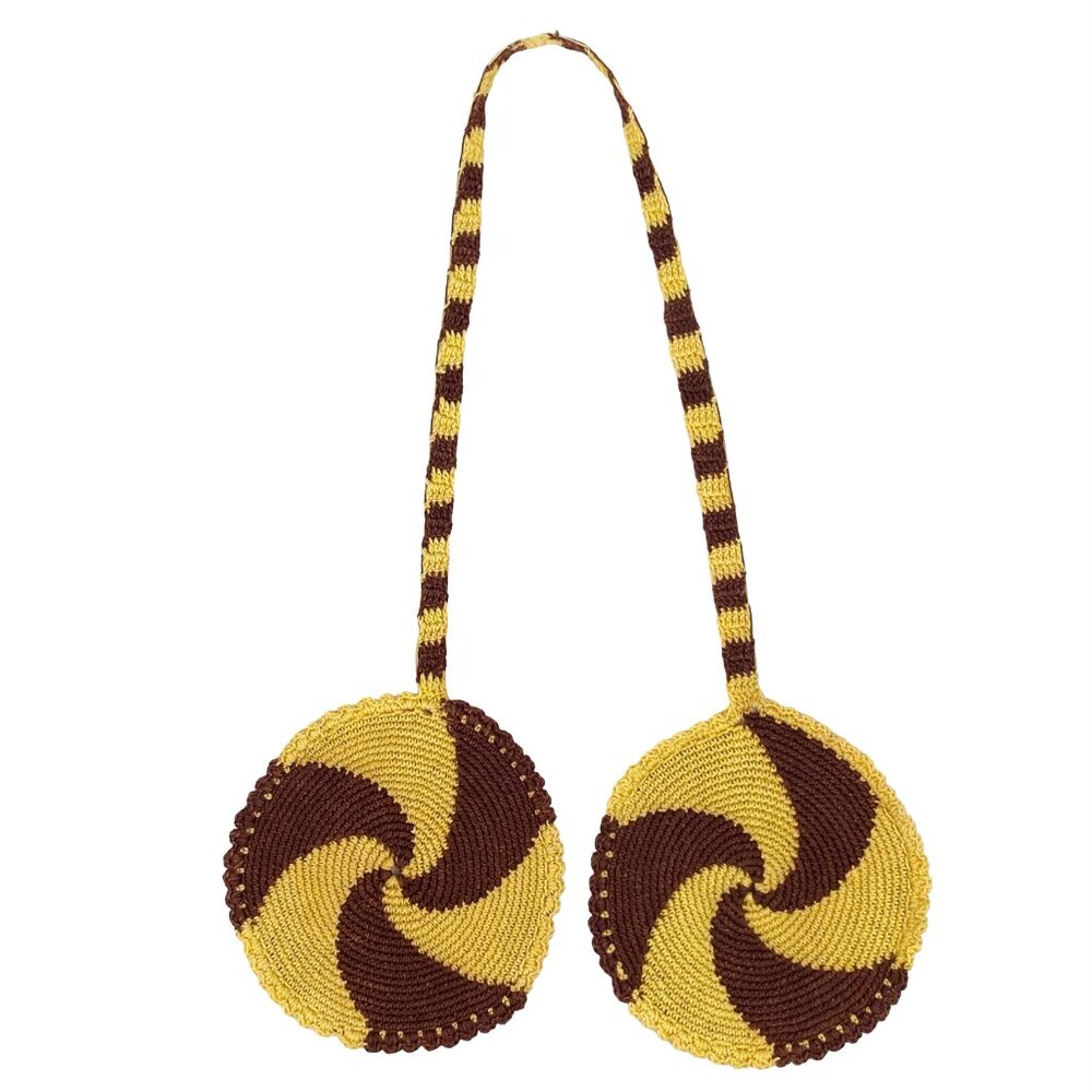 VINTAGE KNIT MACRAME WALL HANGING DECOR YELLOW BROWN SWIRL SPIRAL MOD RETRO